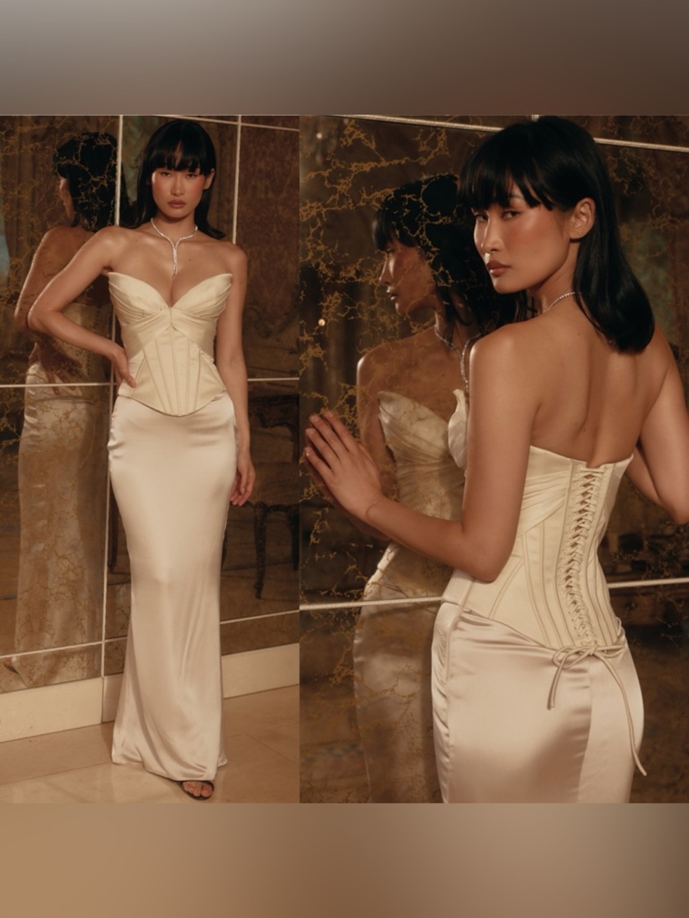 House of CB Eve Ivory Satin Corset Maxi Dress Size M A-C NWOT